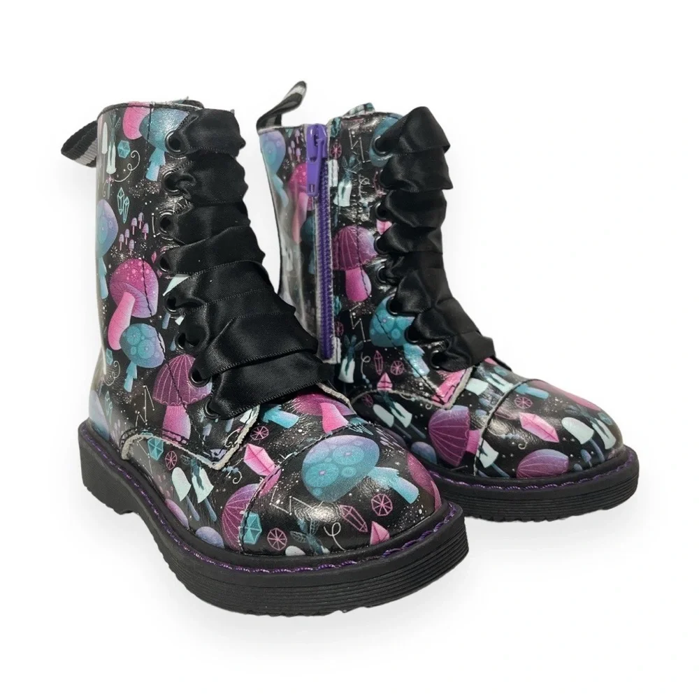 Spellbound Soles Kids Mushroom High‎ Top Chunky Combat Boots Pinks Blues Black